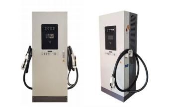 Two freestanding DC fast chargers with holstered cables