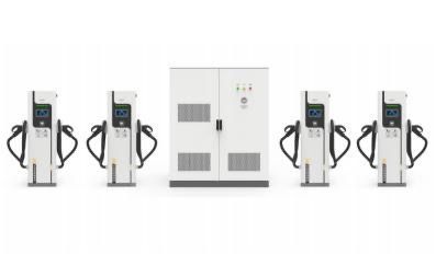 A central power cabinet linked to four charging dispensers
